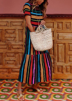 Striped O-Neck Short Sleeve Ruffled Maxi Dress without Necklace