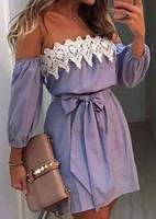 Striped Off Shoulder Lace Splicing Mini Dress with Belt