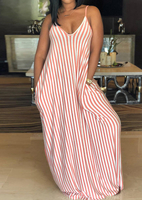 Striped Pocket Spaghetti Strap Maxi Dress - Brick Red