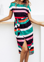 Striped Slit Cross Casual Dress without Necklace - Stripe