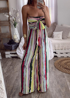 Striped Strapless Tie Jumpsuit without Necklace - Multicolor