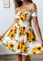 Sunflower Off Shoulder Mini Dress without Necklace- Yellow
