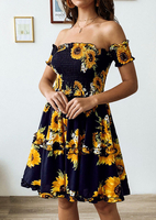 Sunflower Ruffled Off Shoulder Mini Dress without Necklace- - Navy Bl