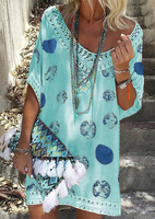 V Neck Lace Split Joint Printed Loose Dress- Lake Blue
