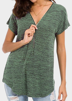 Zipper V Neck Plain Blouse without Necklace - Army Green