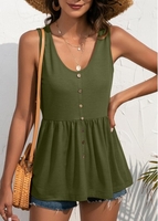 Army Green Decorative Button U Neck Tank Top