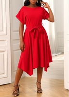 Asymmetric Hem Belted Red Round Neck Dress