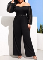 Black Plus Size Off Shoulder Buckle Belted Jumpsuit