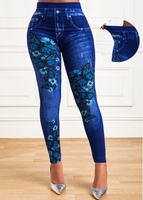 Butterfly Print Blue High Waisted Elastic Detail Leggings