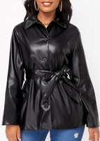 Button Black Belted Shirt Collar Long Sleeve Jacket