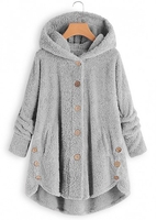 Button Grey Hooded Long Sleeve Coat