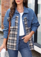 Button Plaid Denim Blue Shirt Collar Jacket