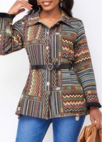 Button Tribal Print Multi Color Belted Coat