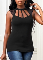 Cage Neck Lace Stitching Black Tank Top