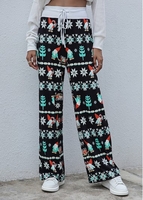 Christmas Print Black Drawastring High Waisted Pants