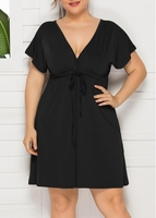 Deep V Neck Drawstring Waist Plus Size Black Dress