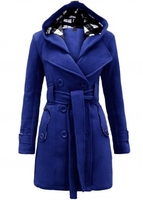 Double Breasted Royal Blue Belted Hooded Coat