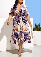 Floral Print Plus Size Multi Color V Neck Dress