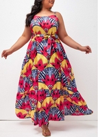 Floral Print Plus Size Spaghetti Strap Belted Dress