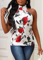 Floral Print Sleeveless White Bib Neck Tank Top