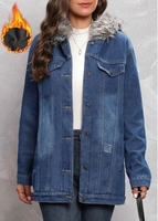 Fur Collar Denim Blue Hooded Long Sleeve Coat