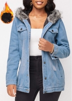 Fur Collar Light Blue Hooded Long Sleeve Coat
