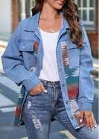 Grommet Tribal Print Denim Blue Shirt Collar Jacket