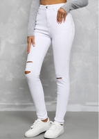 Hole Skinny Zipper Fly White Mid Waisted Jeans