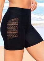 Lace Stitching Black High Waisted Swim Shorts