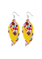 Leather Yellow Easter Egg Print Layered Earrings
