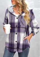 Long Sleeve Purple Button Plaid Coat