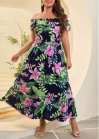 Off Shoulder Tropical Print Plus Size Dress