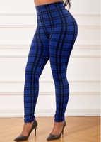 Plaid Dark Blue High Waisted Elastic Waist Leggings