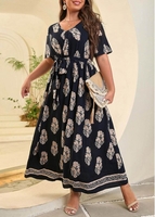 Plus Size Black Printed Belted Dress
