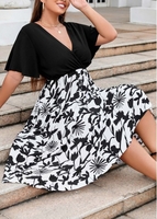 Plus Size Butterfly Sleeve Black Floral Print Dress