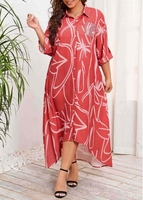 Plus Size Button Red Floral Print Dress