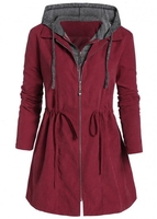 Plus Size Drawstring Wine Red Hooded Coat