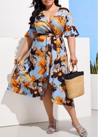 Plus Size Floral Print Belted Mermaid Dress