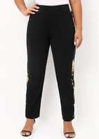 Plus Size Floral Print Black Elastic Waist Pants
