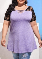 Plus Size Purple Lace Patchwork T Shirt