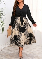 Plus Size Surplice Black Belted Tribal Print Dress