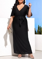 Plus Size Tie Side Black Belted V Neck Dress