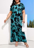 Plus Size Turquoise Floral Print Dress