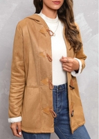 Plush Dark Camel Hooded Long Sleeve Coat