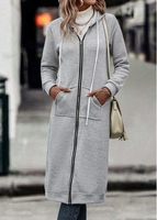 Pocket Light Grey Hooded Long Sleeve Coat