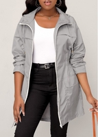 Pocket Light Grey Hooded Long Sleeve Trench Coat