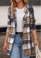 Pocket Plaid Dark Camel Lapel Long Sleeve Coat