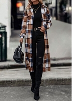 Pocket Plaid Dark Coffee Turn Down Collar Coat