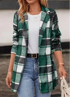 Pocket Plaid Green Lapel Long Sleeve Coat