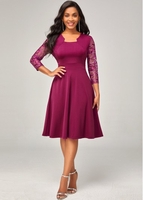 ROTITA 3/4 Sleeve Lace Stitching Solid Dress